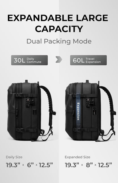 Vacuum Seal Travel Backpack 60L with Expandable HyperSeal Air Compression Vacuum System Water Resistant TSA Lock (Vacuum Pump Included, Black, 60L)