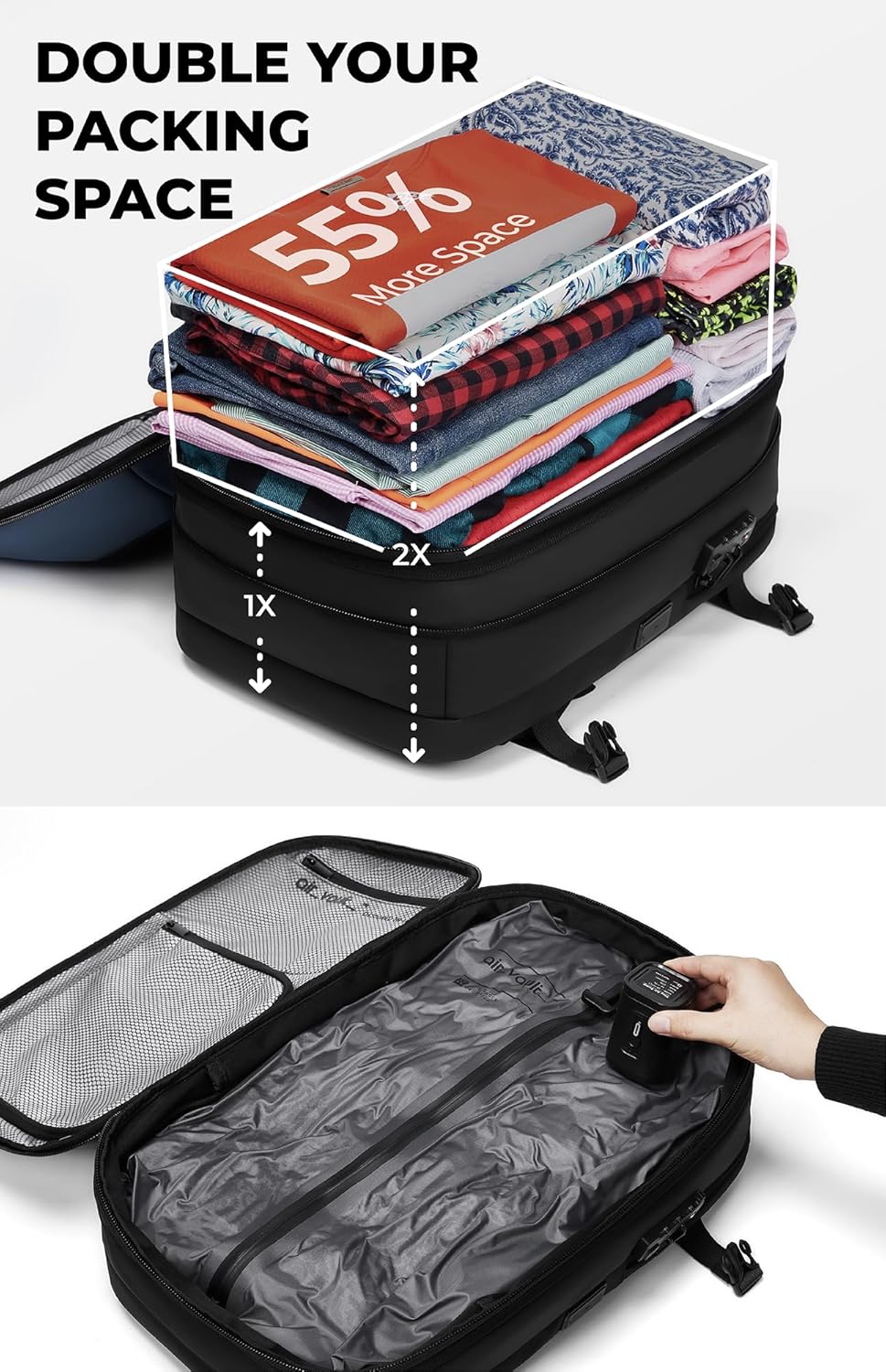 Vacuum Seal Travel Backpack 60L with Expandable HyperSeal Air Compression Vacuum System Water Resistant TSA Lock (Vacuum Pump Included, Black, 60L)