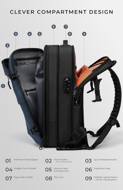 Vacuum Seal Travel Backpack 60L with Expandable HyperSeal Air Compression Vacuum System Water Resistant TSA Lock (Vacuum Pump Included, Black, 60L)