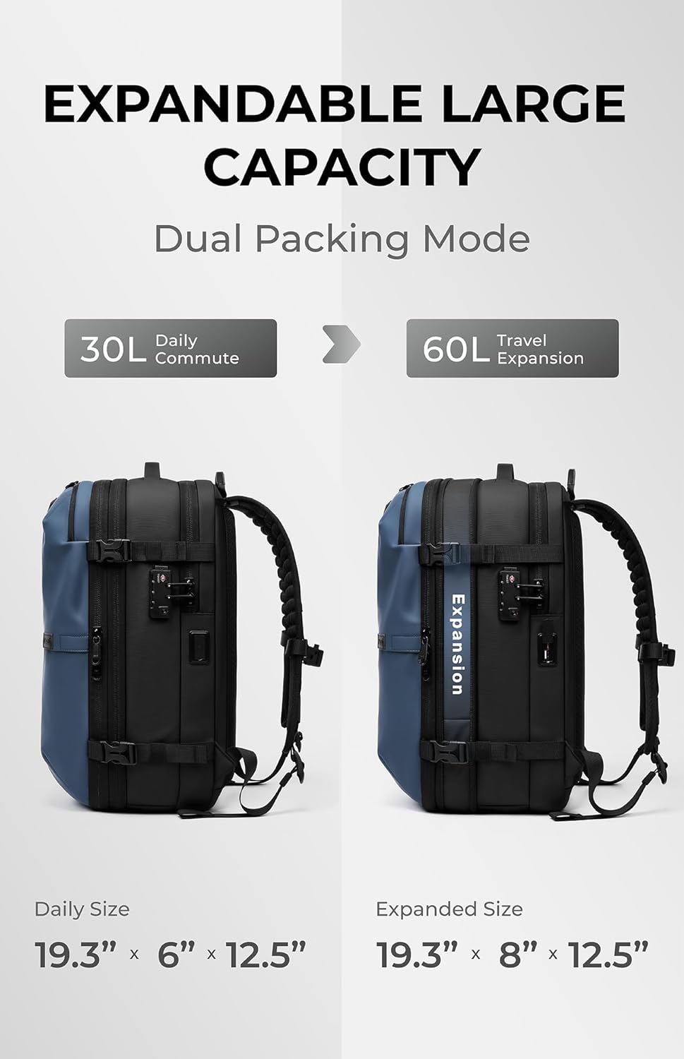 Vacuum Seal Travel Backpack 60L with Expandable HyperSeal Air Compression Vacuum System Water Resistant TSA Lock (Vacuum Pump Included, Black, 60L)
