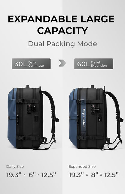 Vacuum Seal Travel Backpack 60L with Expandable HyperSeal Air Compression Vacuum System Water Resistant TSA Lock (Vacuum Pump Included, Black, 60L)