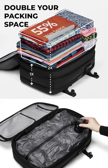 Vacuum Seal Travel Backpack 60L with Expandable HyperSeal Air Compression Vacuum System Water Resistant TSA Lock (Vacuum Pump Included, Black, 60L)