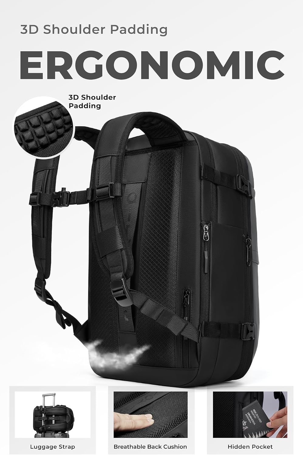 Vacuum Seal Travel Backpack 60L with Expandable HyperSeal Air Compression Vacuum System Water Resistant TSA Lock (Vacuum Pump Included, Black, 60L)