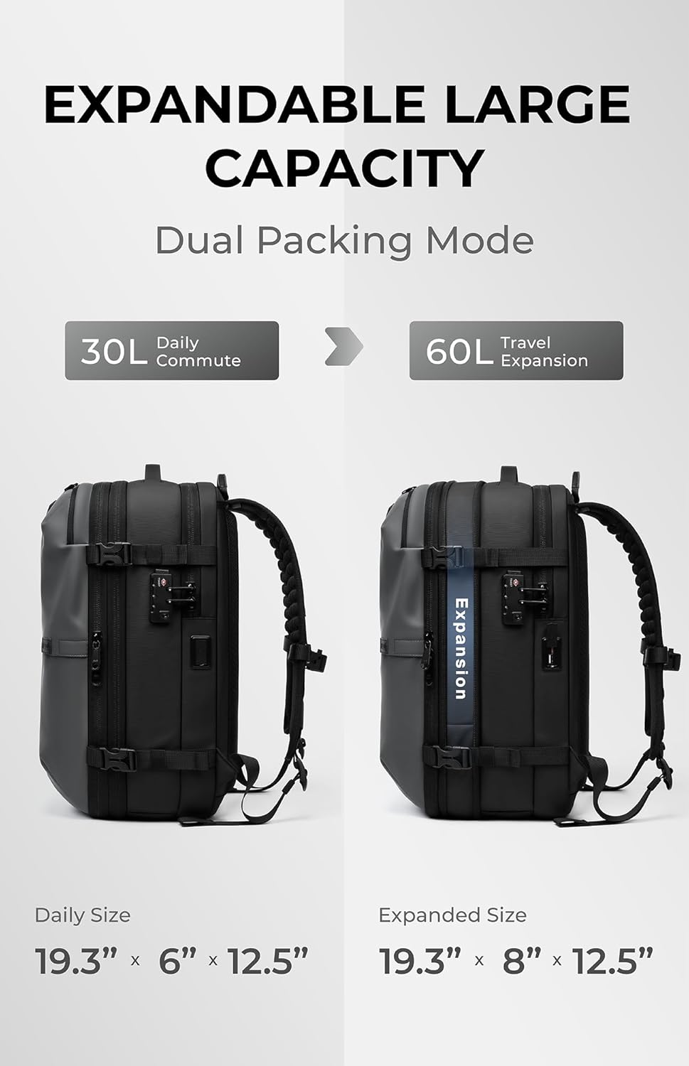 Vacuum Seal Travel Backpack 60L with Expandable HyperSeal Air Compression Vacuum System Water Resistant TSA Lock (Vacuum Pump Included, Black, 60L)