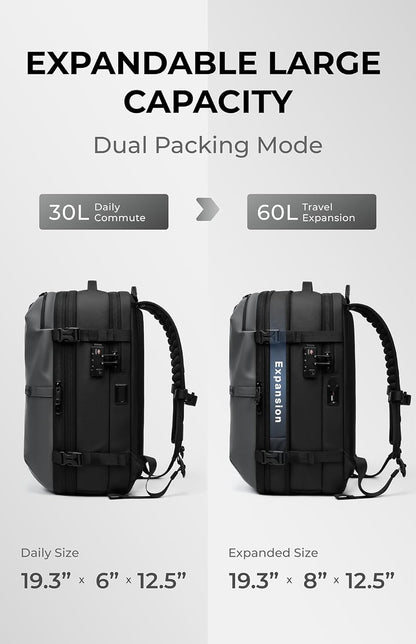Vacuum Seal Travel Backpack 60L with Expandable HyperSeal Air Compression Vacuum System Water Resistant TSA Lock (Vacuum Pump Included, Black, 60L)