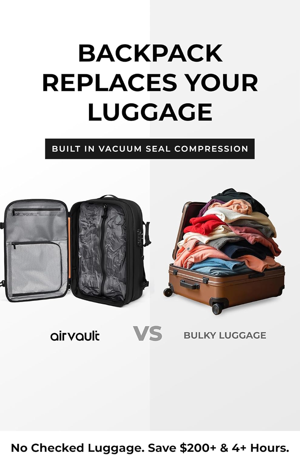 Vacuum Seal Travel Backpack 60L with Expandable HyperSeal Air Compression Vacuum System Water Resistant TSA Lock (Vacuum Pump Included, Black, 60L)