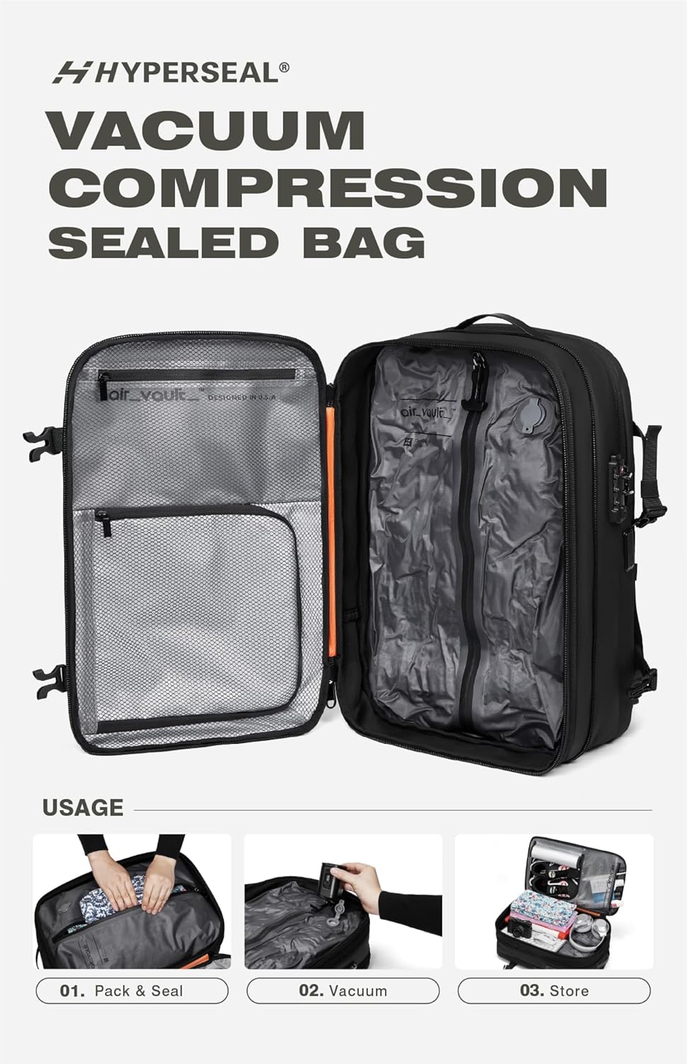 Vacuum Seal Travel Backpack 60L with Expandable HyperSeal Air Compression Vacuum System Water Resistant TSA Lock (Vacuum Pump Included, Black, 60L)
