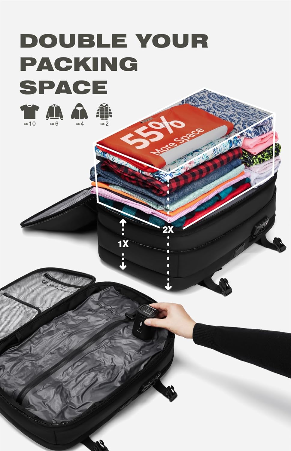 Vacuum Seal Travel Backpack 60L with Expandable HyperSeal Air Compression Vacuum System Water Resistant TSA Lock (Vacuum Pump Included, Black, 60L)