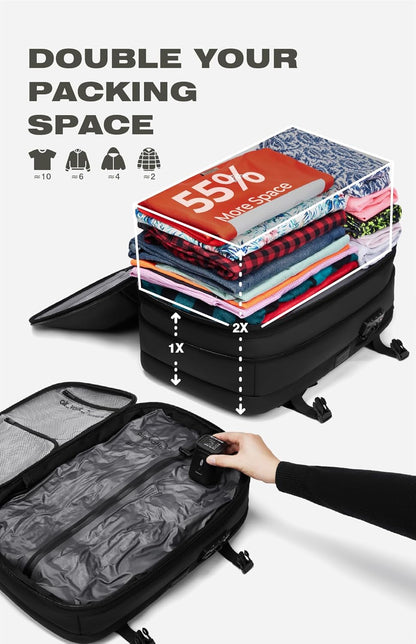 Vacuum Seal Travel Backpack 60L with Expandable HyperSeal Air Compression Vacuum System Water Resistant TSA Lock (Vacuum Pump Included, Black, 60L)