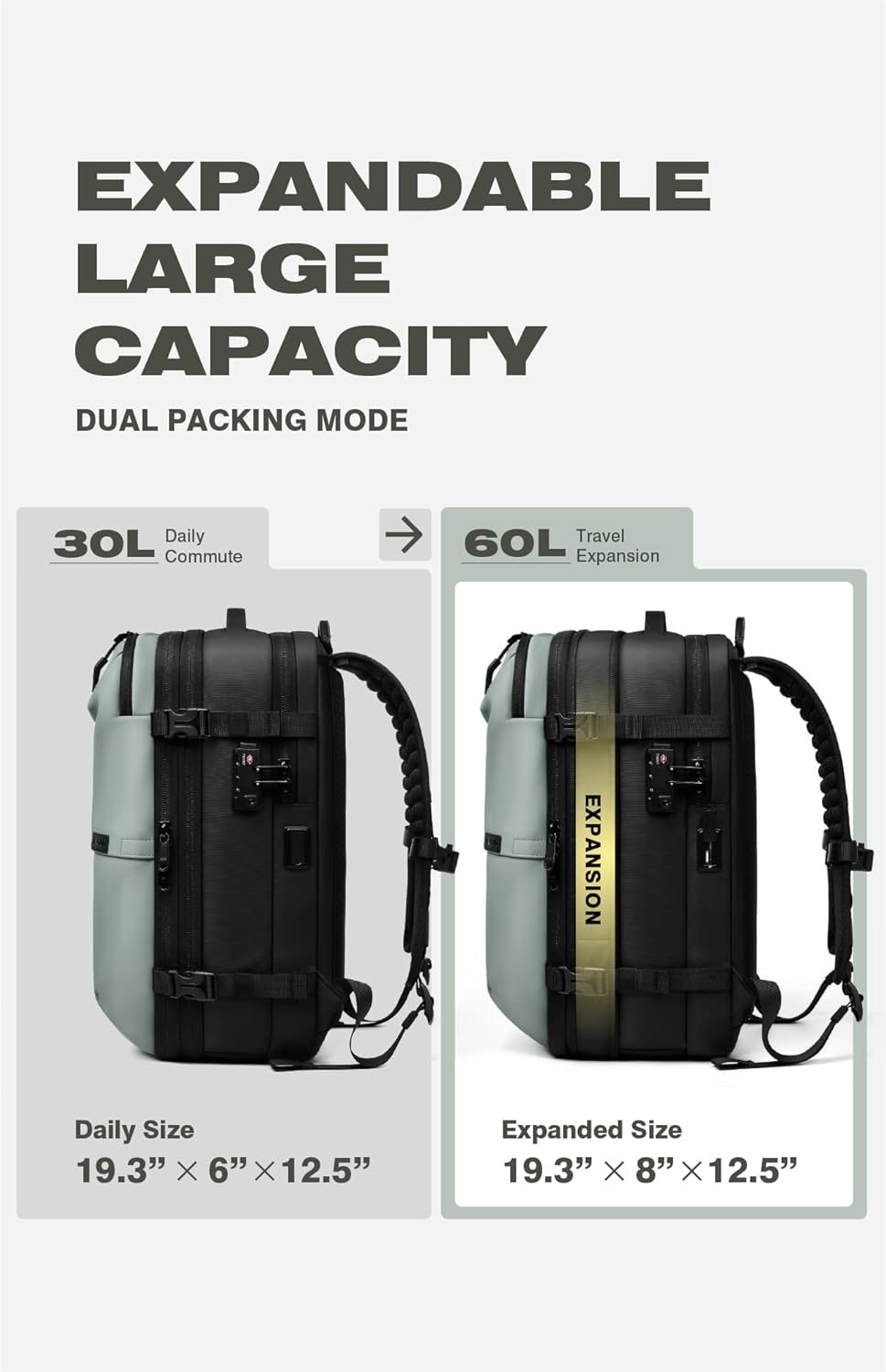 Vacuum Seal Travel Backpack 60L with Expandable HyperSeal Air Compression Vacuum System Water Resistant TSA Lock (Vacuum Pump Included, Black, 60L)