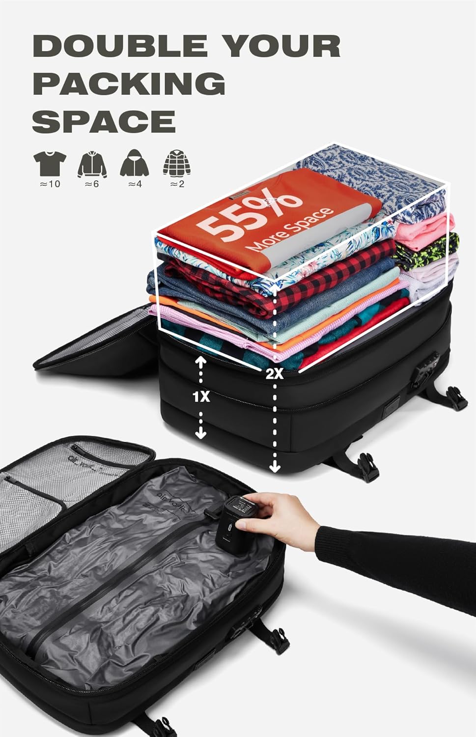 Vacuum Seal Travel Backpack 60L with Expandable HyperSeal Air Compression Vacuum System Water Resistant TSA Lock (Vacuum Pump Included, Black, 60L)