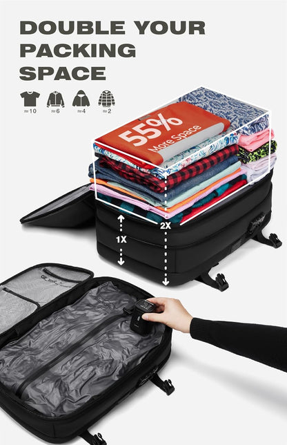 Vacuum Seal Travel Backpack 60L with Expandable HyperSeal Air Compression Vacuum System Water Resistant TSA Lock (Vacuum Pump Included, Black, 60L)