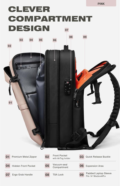 Vacuum Seal Travel Backpack 60L with Expandable HyperSeal Air Compression Vacuum System Water Resistant TSA Lock (Vacuum Pump Included, Black, 60L)