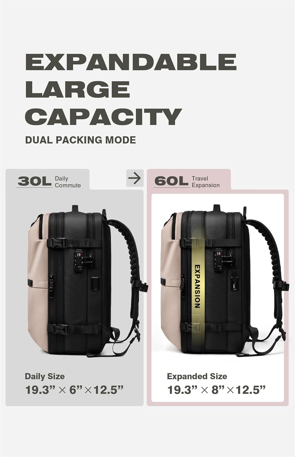 Vacuum Seal Travel Backpack 60L with Expandable HyperSeal Air Compression Vacuum System Water Resistant TSA Lock (Vacuum Pump Included, Black, 60L)