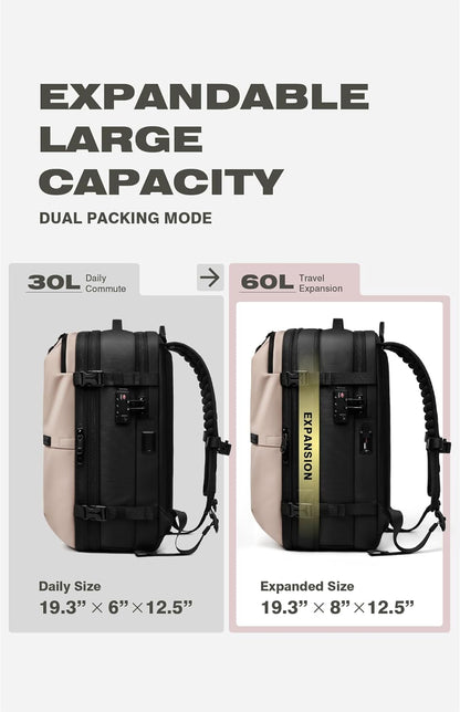 Vacuum Seal Travel Backpack 60L with Expandable HyperSeal Air Compression Vacuum System Water Resistant TSA Lock (Vacuum Pump Included, Black, 60L)