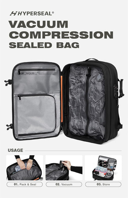 Vacuum Seal Travel Backpack 60L with Expandable HyperSeal Air Compression Vacuum System Water Resistant TSA Lock (Vacuum Pump Included, Black, 60L)