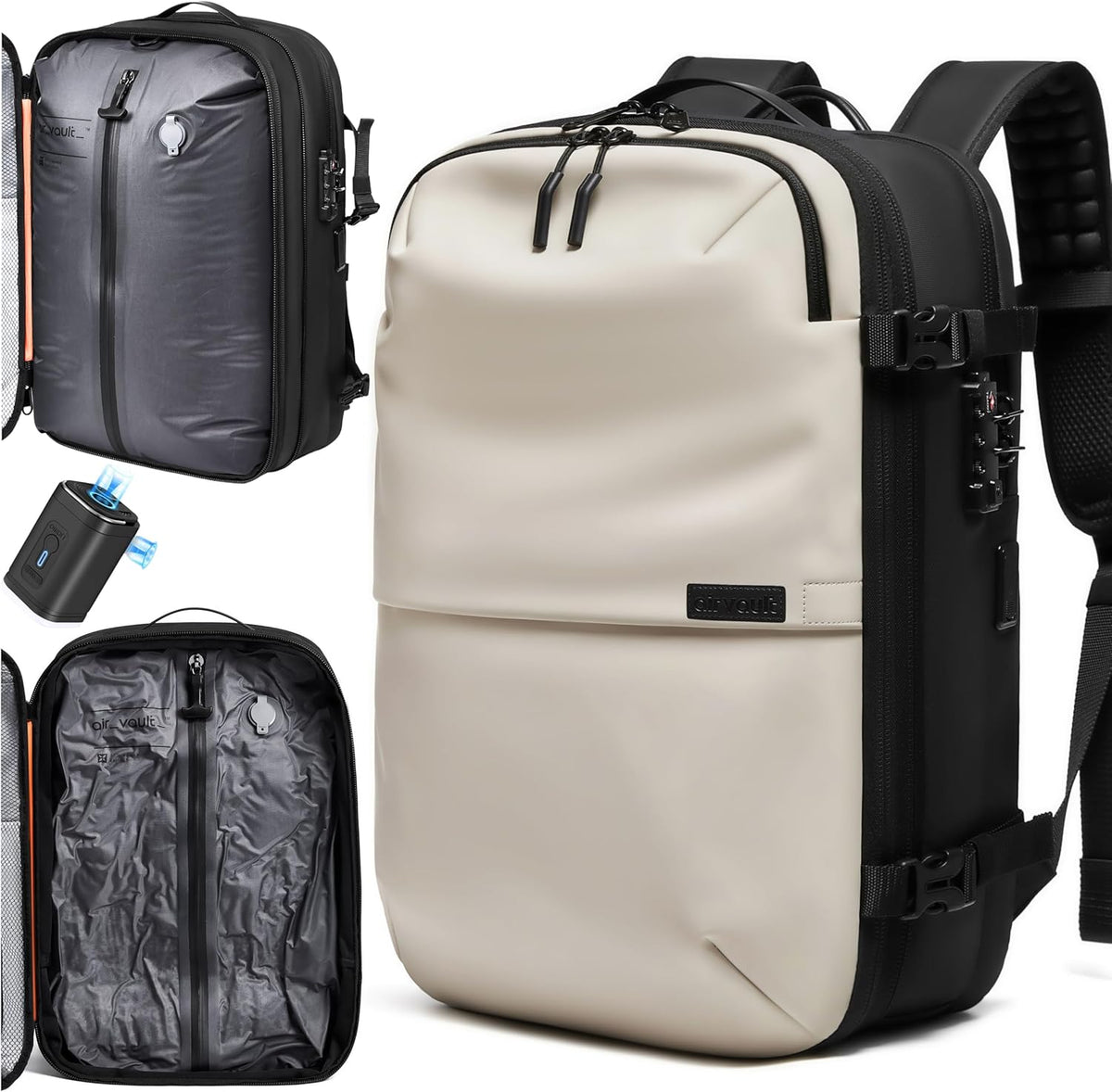 Vacuum Seal Travel Backpack 60L with Expandable HyperSeal Air Compression Vacuum System Water Resistant TSA Lock (Vacuum Pump Included, Black, 60L)