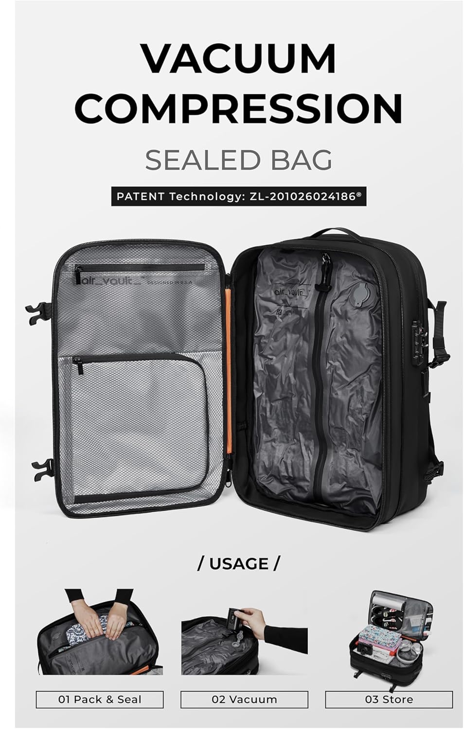 Vacuum Seal Travel Backpack 60L with Expandable HyperSeal Air Compression Vacuum System Water Resistant TSA Lock (Vacuum Pump Included, Black, 60L)