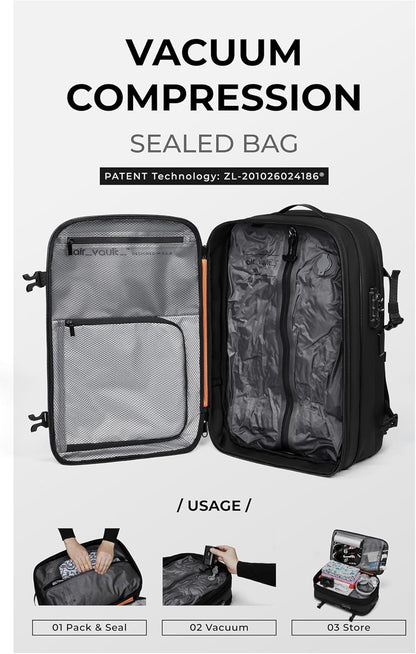 Vacuum Seal Travel Backpack 60L with Expandable HyperSeal Air Compression Vacuum System Water Resistant TSA Lock (Vacuum Pump Included, Black, 60L)