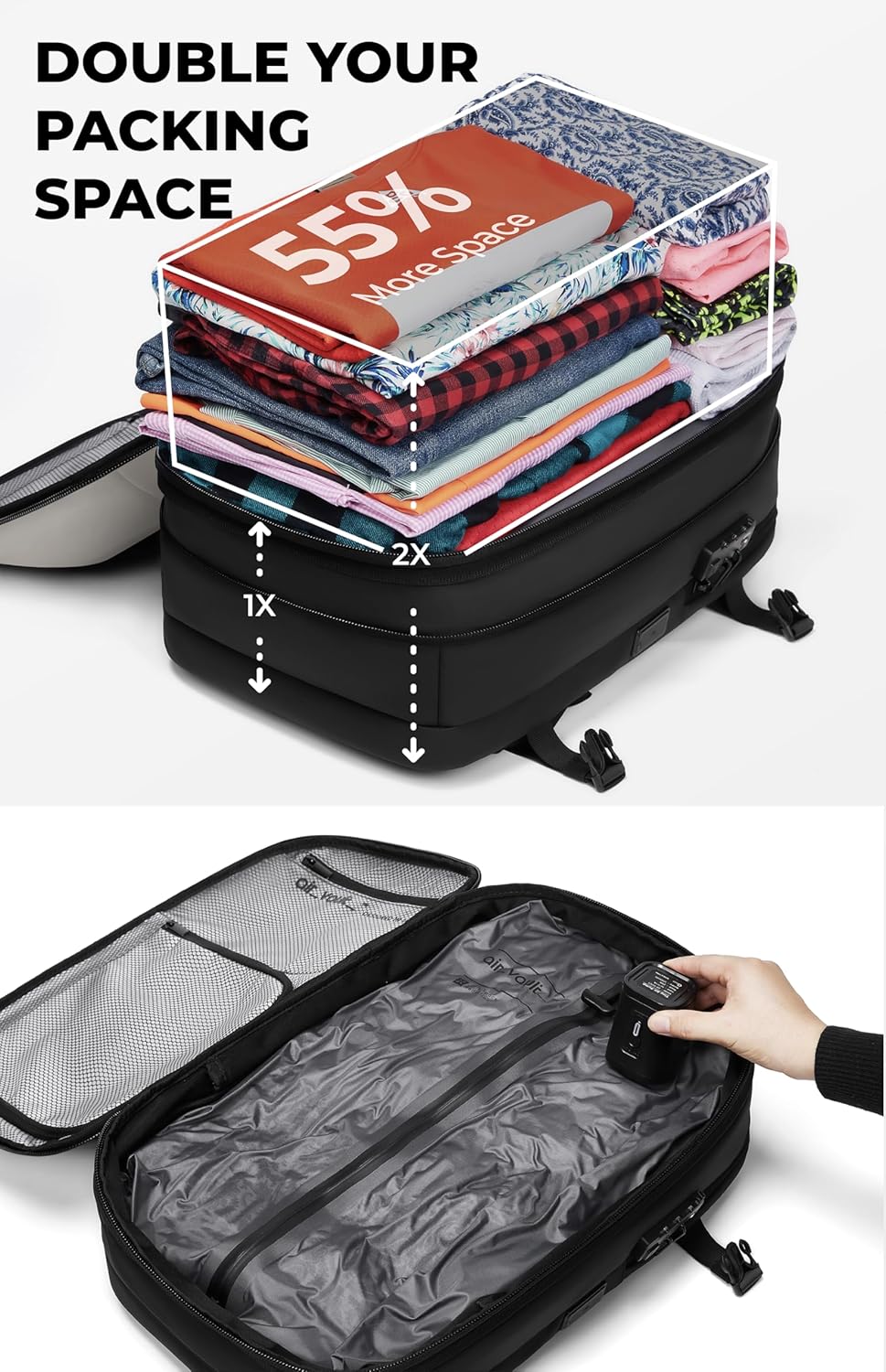 Vacuum Seal Travel Backpack 60L with Expandable HyperSeal Air Compression Vacuum System Water Resistant TSA Lock (Vacuum Pump Included, Black, 60L)