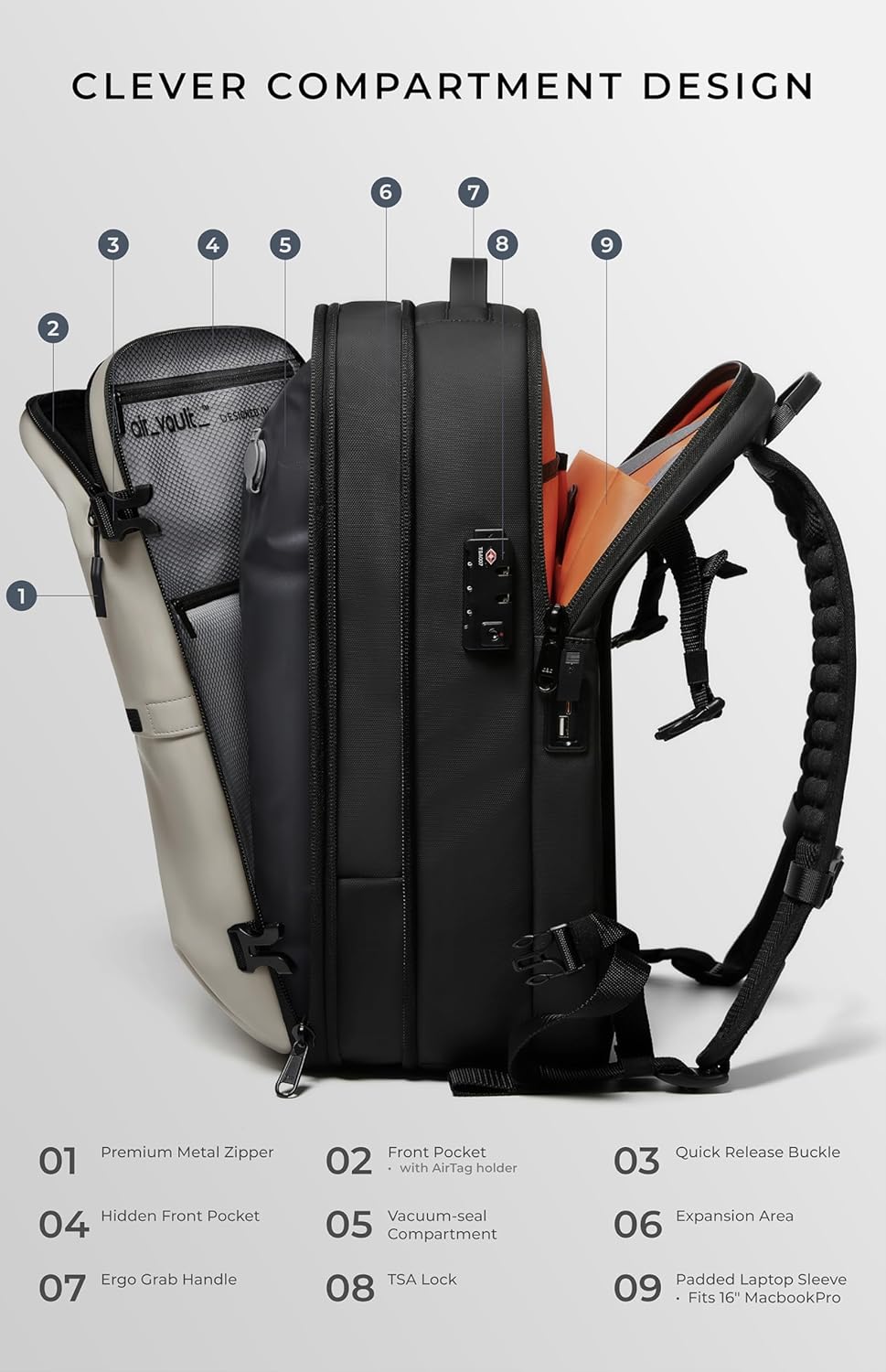 Vacuum Seal Travel Backpack 60L with Expandable HyperSeal Air Compression Vacuum System Water Resistant TSA Lock (Vacuum Pump Included, Black, 60L)