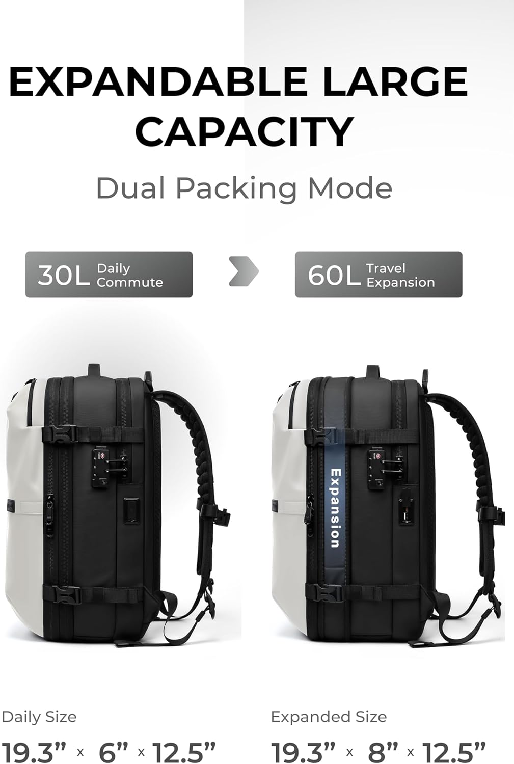 Vacuum Seal Travel Backpack 60L with Expandable HyperSeal Air Compression Vacuum System Water Resistant TSA Lock (Vacuum Pump Included, Black, 60L)
