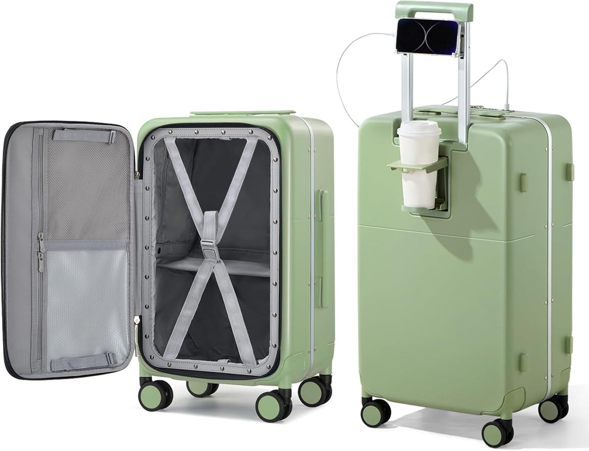 20 Inch Carry On Luggage with Cup Holder and USB Charging Port, Top Opening Hard Shell Suitcase with Wheels, Aluminum Frame Trunk Luggage with TSA Lock & Dividers for Travel, Smoke White