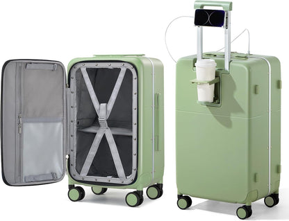 20 Inch Carry On Luggage with Cup Holder and USB Charging Port, Top Opening Hard Shell Suitcase with Wheels, Aluminum Frame Trunk Luggage with TSA Lock & Dividers for Travel, Smoke White