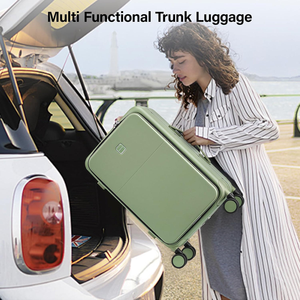 20 Inch Carry On Luggage with Cup Holder and USB Charging Port, Top Opening Hard Shell Suitcase with Wheels, Aluminum Frame Trunk Luggage with TSA Lock & Dividers for Travel, Smoke White