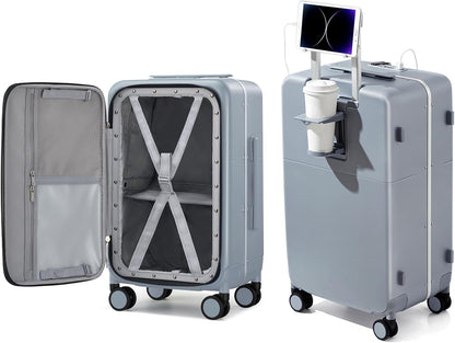 20 Inch Carry On Luggage with Cup Holder and USB Charging Port, Top Opening Hard Shell Suitcase with Wheels, Aluminum Frame Trunk Luggage with TSA Lock & Dividers for Travel, Smoke White