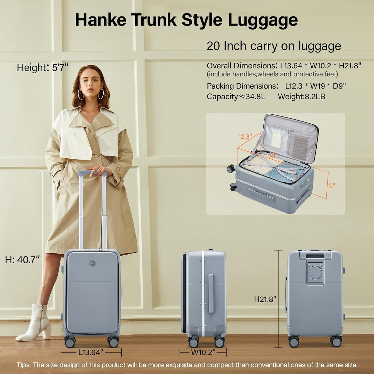 20 Inch Carry On Luggage with Cup Holder and USB Charging Port, Top Opening Hard Shell Suitcase with Wheels, Aluminum Frame Trunk Luggage with TSA Lock & Dividers for Travel, Smoke White