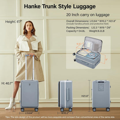 20 Inch Carry On Luggage with Cup Holder and USB Charging Port, Top Opening Hard Shell Suitcase with Wheels, Aluminum Frame Trunk Luggage with TSA Lock & Dividers for Travel, Smoke White