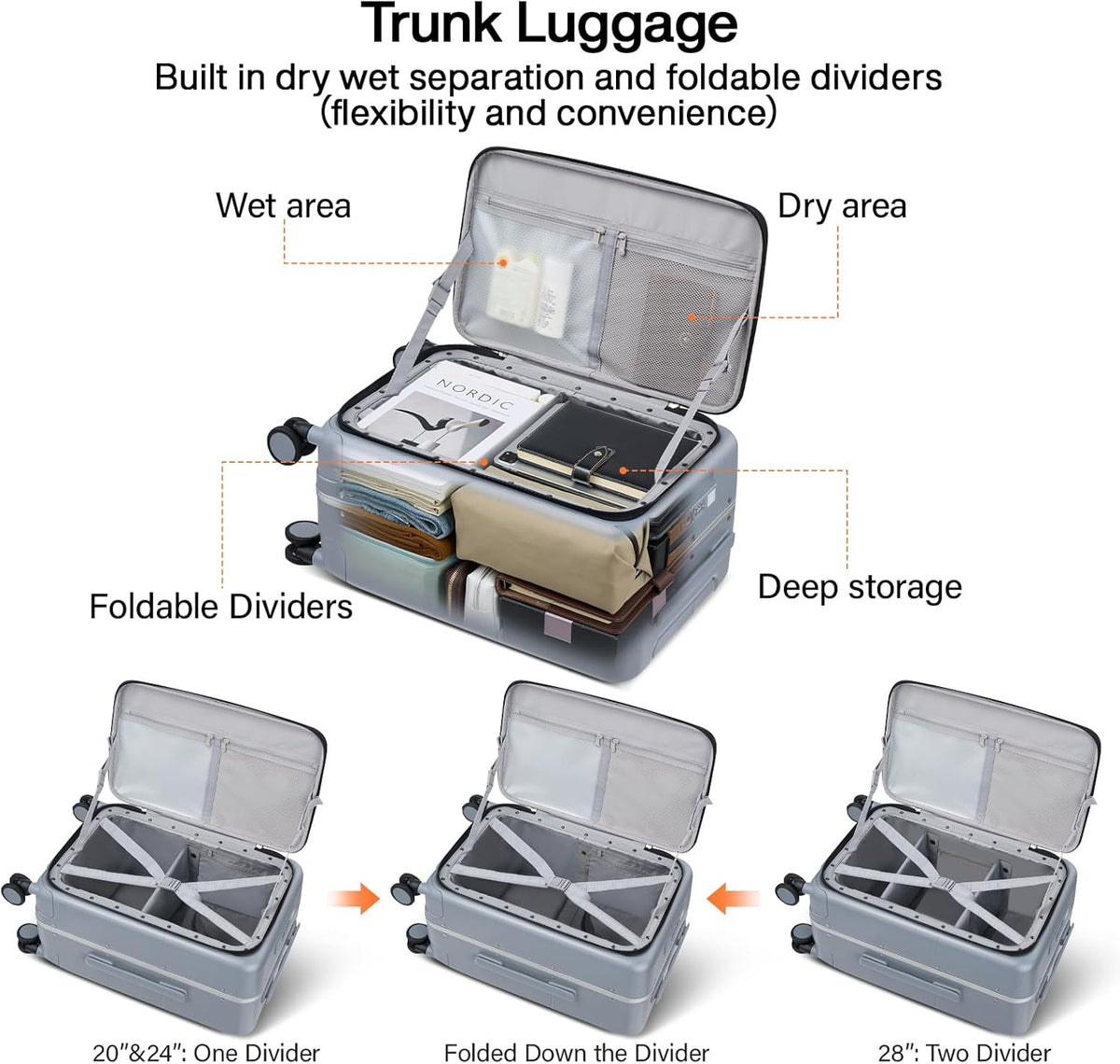 20 Inch Carry On Luggage with Cup Holder and USB Charging Port, Top Opening Hard Shell Suitcase with Wheels, Aluminum Frame Trunk Luggage with TSA Lock & Dividers for Travel, Smoke White
