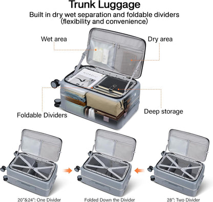 20 Inch Carry On Luggage with Cup Holder and USB Charging Port, Top Opening Hard Shell Suitcase with Wheels, Aluminum Frame Trunk Luggage with TSA Lock & Dividers for Travel, Smoke White