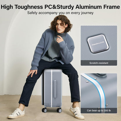 20 Inch Carry On Luggage with Cup Holder and USB Charging Port, Top Opening Hard Shell Suitcase with Wheels, Aluminum Frame Trunk Luggage with TSA Lock & Dividers for Travel, Smoke White
