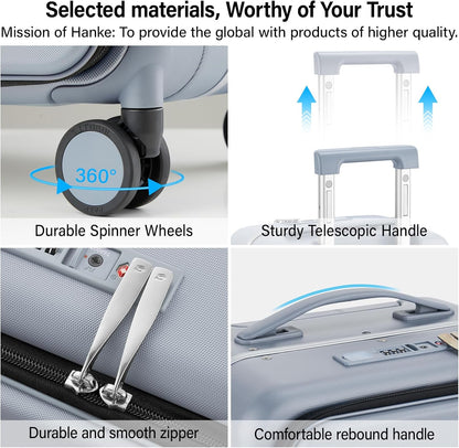 20 Inch Carry On Luggage with Cup Holder and USB Charging Port, Top Opening Hard Shell Suitcase with Wheels, Aluminum Frame Trunk Luggage with TSA Lock & Dividers for Travel, Smoke White