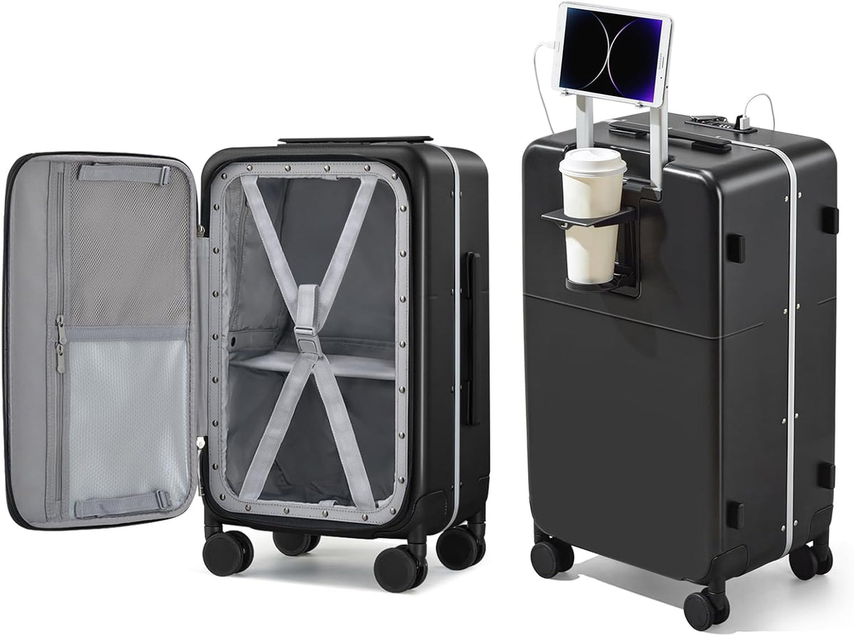20 Inch Carry On Luggage with Cup Holder and USB Charging Port, Top Opening Hard Shell Suitcase with Wheels, Aluminum Frame Trunk Luggage with TSA Lock & Dividers for Travel, Smoke White