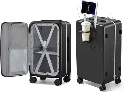 20 Inch Carry On Luggage with Cup Holder and USB Charging Port, Top Opening Hard Shell Suitcase with Wheels, Aluminum Frame Trunk Luggage with TSA Lock & Dividers for Travel, Smoke White