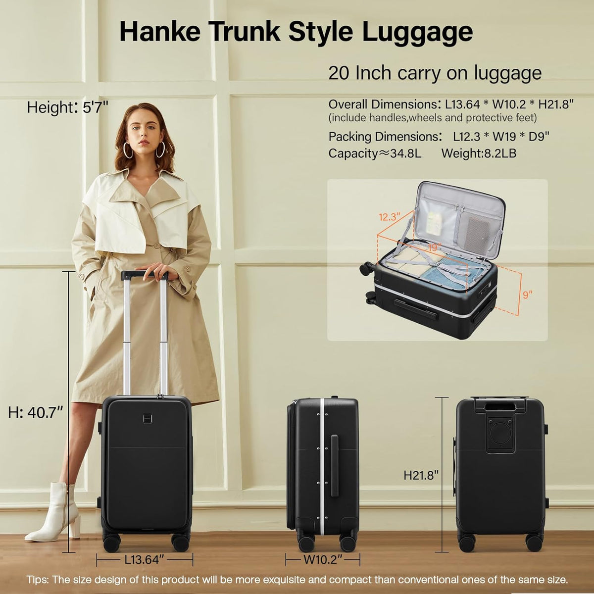 20 Inch Carry On Luggage with Cup Holder and USB Charging Port, Top Opening Hard Shell Suitcase with Wheels, Aluminum Frame Trunk Luggage with TSA Lock & Dividers for Travel, Smoke White
