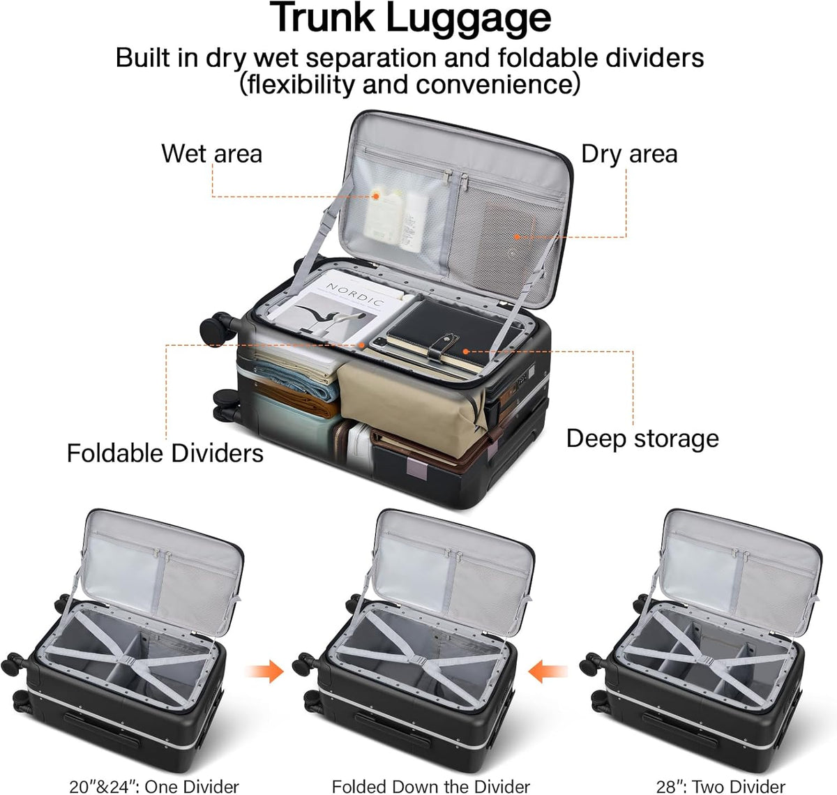 20 Inch Carry On Luggage with Cup Holder and USB Charging Port, Top Opening Hard Shell Suitcase with Wheels, Aluminum Frame Trunk Luggage with TSA Lock & Dividers for Travel, Smoke White