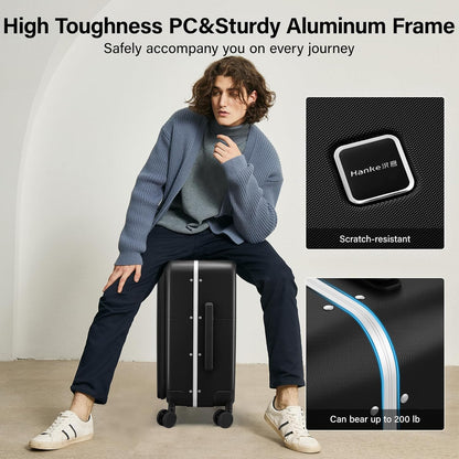 20 Inch Carry On Luggage with Cup Holder and USB Charging Port, Top Opening Hard Shell Suitcase with Wheels, Aluminum Frame Trunk Luggage with TSA Lock & Dividers for Travel, Smoke White