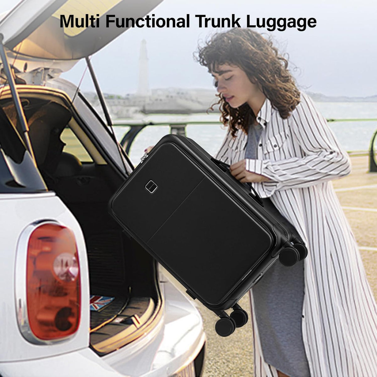 20 Inch Carry On Luggage with Cup Holder and USB Charging Port, Top Opening Hard Shell Suitcase with Wheels, Aluminum Frame Trunk Luggage with TSA Lock & Dividers for Travel, Smoke White