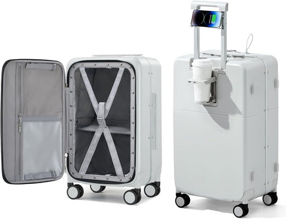 20 Inch Carry On Luggage with Cup Holder and USB Charging Port, Top Opening Hard Shell Suitcase with Wheels, Aluminum Frame Trunk Luggage with TSA Lock & Dividers for Travel, Smoke White