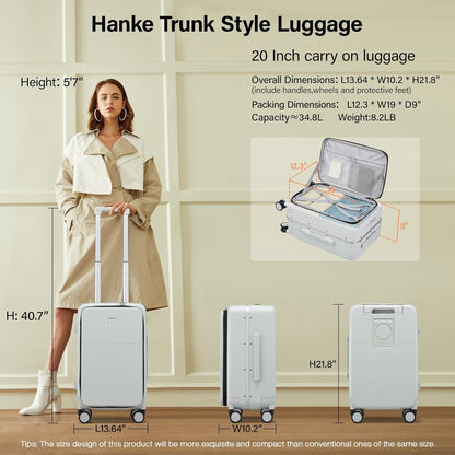 20 Inch Carry On Luggage with Cup Holder and USB Charging Port, Top Opening Hard Shell Suitcase with Wheels, Aluminum Frame Trunk Luggage with TSA Lock & Dividers for Travel, Smoke White