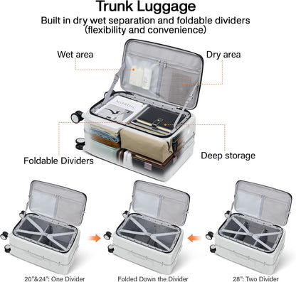 20 Inch Carry On Luggage with Cup Holder and USB Charging Port, Top Opening Hard Shell Suitcase with Wheels, Aluminum Frame Trunk Luggage with TSA Lock & Dividers for Travel, Smoke White