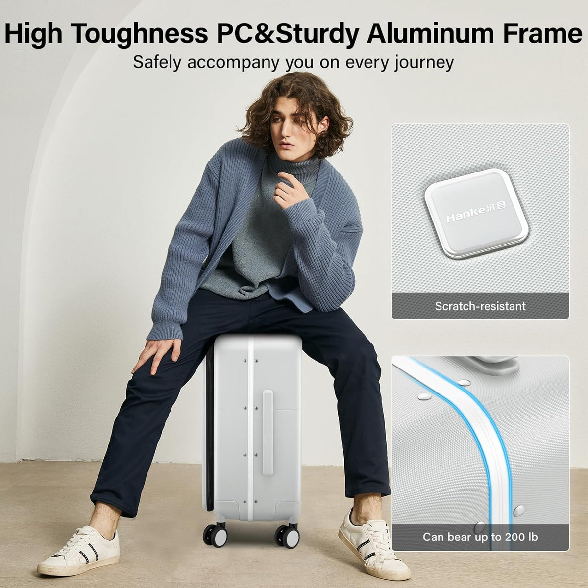 20 Inch Carry On Luggage with Cup Holder and USB Charging Port, Top Opening Hard Shell Suitcase with Wheels, Aluminum Frame Trunk Luggage with TSA Lock & Dividers for Travel, Smoke White