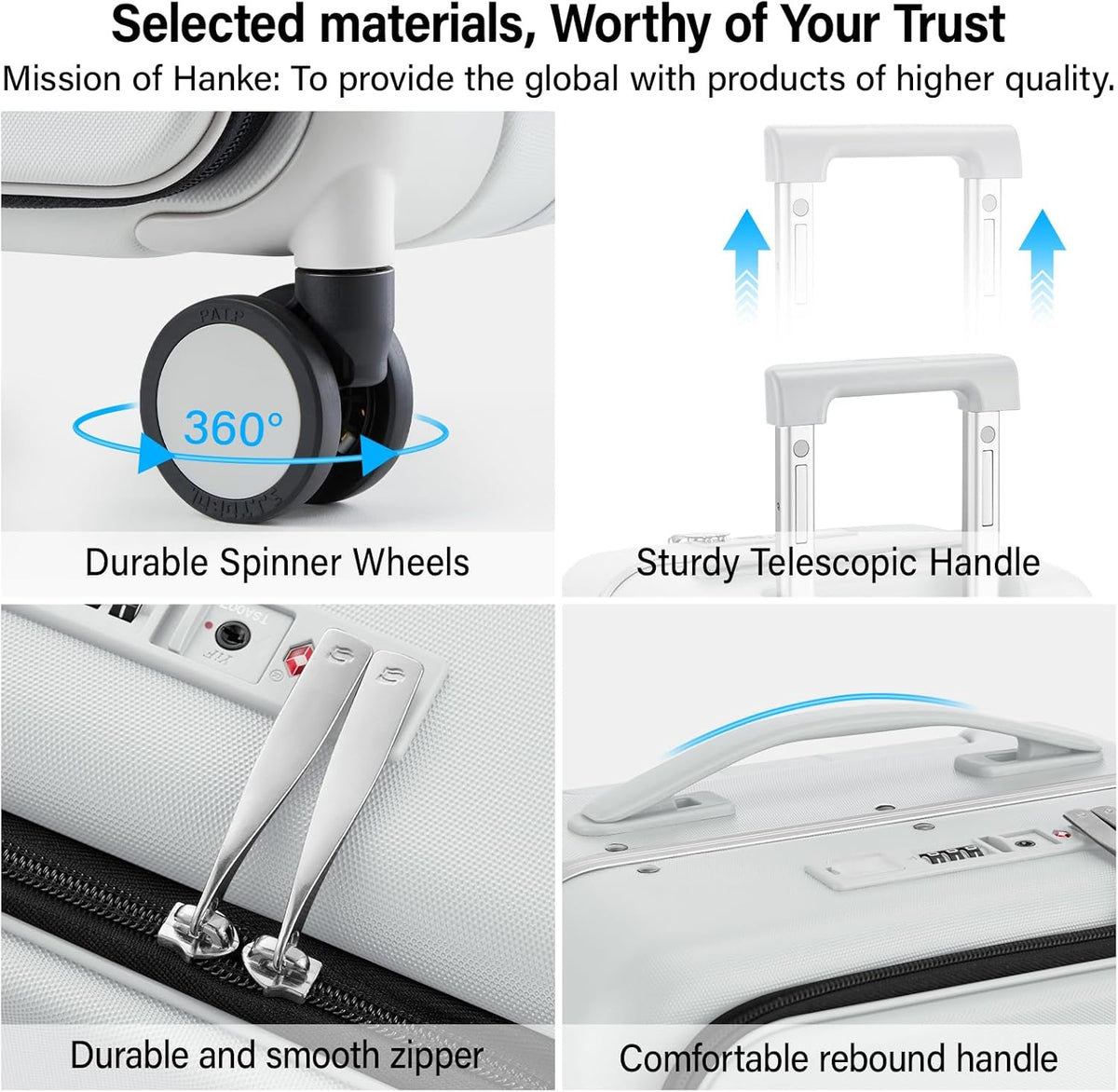 20 Inch Carry On Luggage with Cup Holder and USB Charging Port, Top Opening Hard Shell Suitcase with Wheels, Aluminum Frame Trunk Luggage with TSA Lock & Dividers for Travel, Smoke White