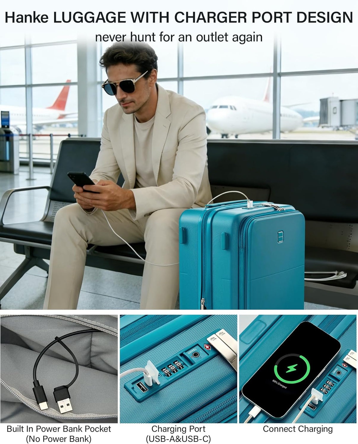 20 Inch Carry On Luggage with Cup Holder and USB Charging Port, Top Opening Hard Shell Suitcase with Wheels, Aluminum Frame Trunk Luggage with TSA Lock & Dividers for Travel, Smoke White
