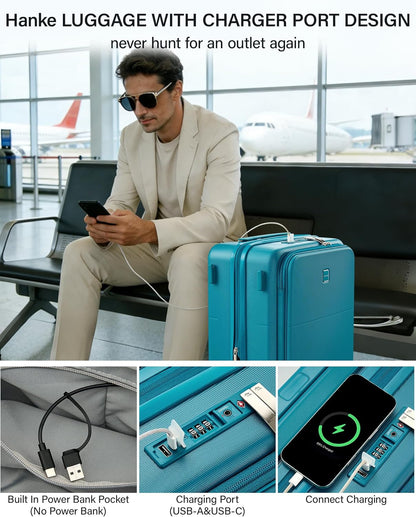 20 Inch Carry On Luggage with Cup Holder and USB Charging Port, Top Opening Hard Shell Suitcase with Wheels, Aluminum Frame Trunk Luggage with TSA Lock & Dividers for Travel, Smoke White