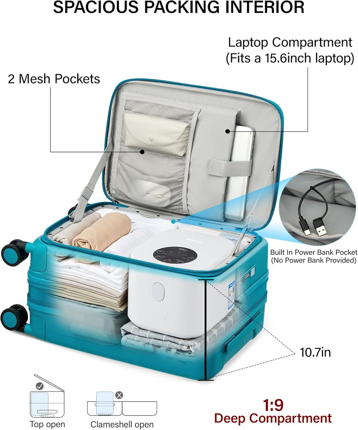 20 Inch Carry On Luggage with Cup Holder and USB Charging Port, Top Opening Hard Shell Suitcase with Wheels, Aluminum Frame Trunk Luggage with TSA Lock & Dividers for Travel, Smoke White
